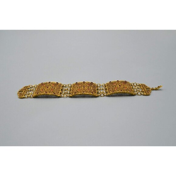 Filigree Panel Bracelet Gold Tone Red Stone Accents 8" Ornate Wide - Picture 2 of 12